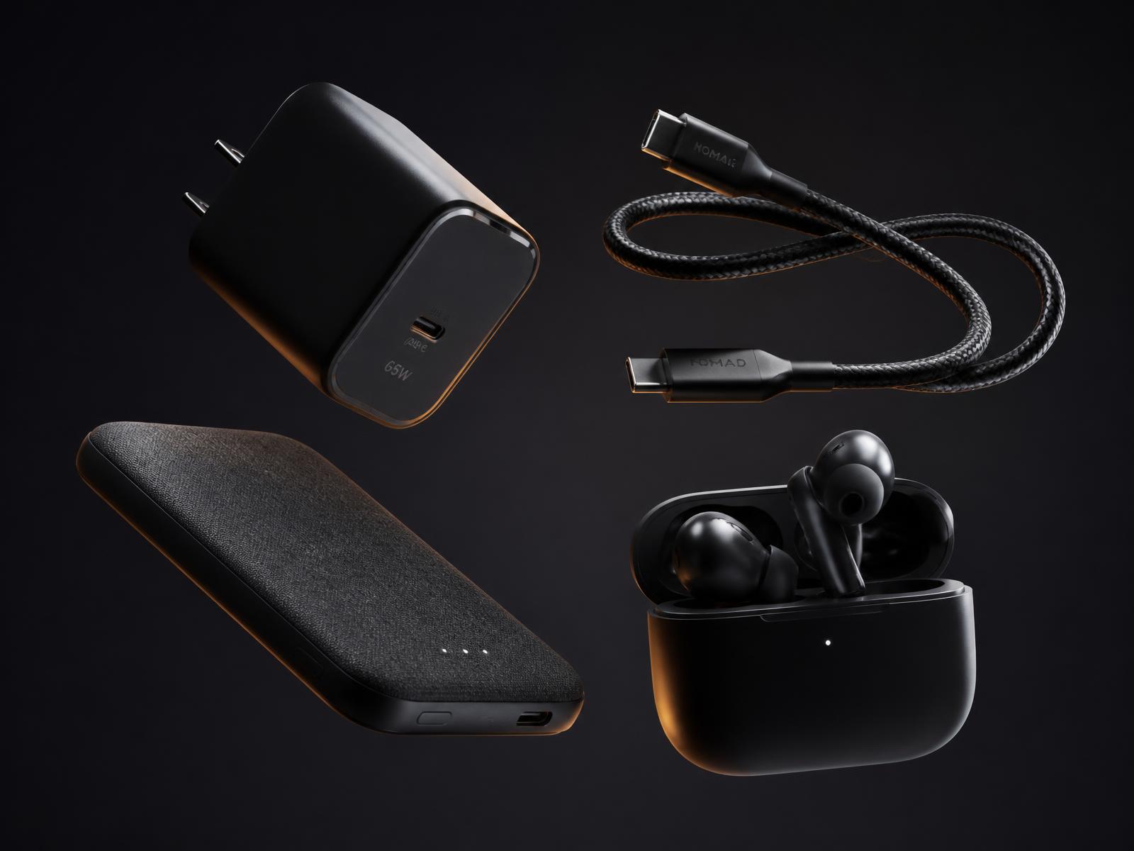 Premium phone accessories including a fast charger, braided cable, power bank and wireless earbuds